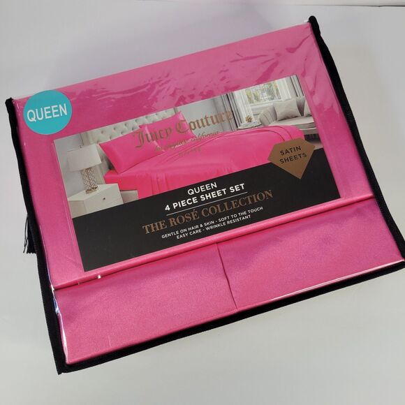 Juicy Couture Hot Pink Satin 4pc QUEEN Sheets Set Easy Care Sleek Smooth Fuchsia - Picture 1 of 12